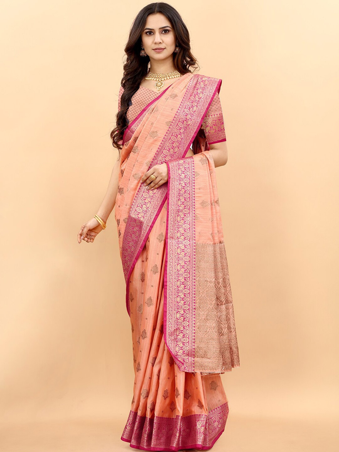 

MARGI DESIGNERS Pink & Gold-Toned Ethnic Motifs Zari Art Silk Kanjeevaram Saree