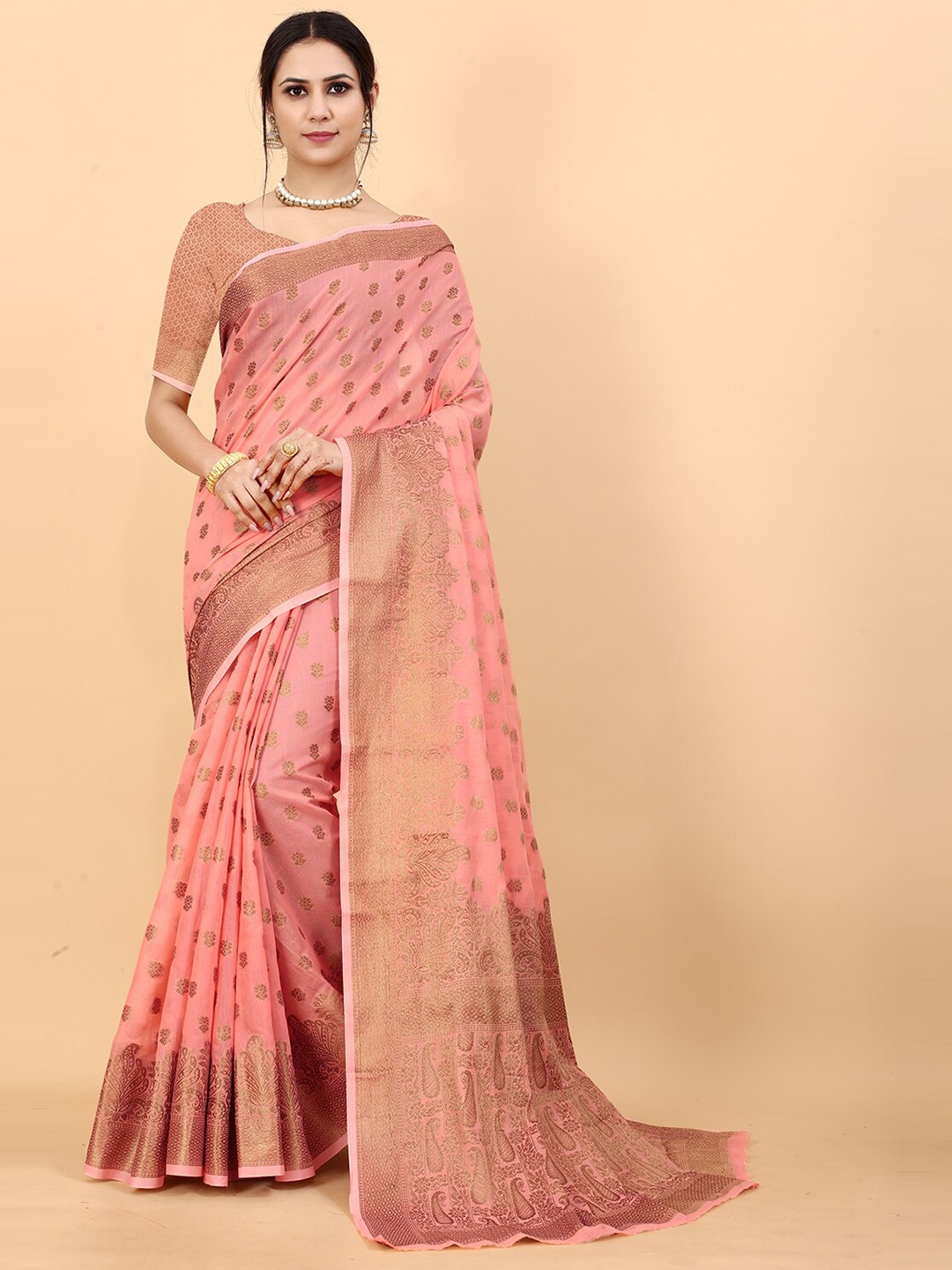 

MARGI DESIGNERS Pink & Gold-Toned Ethnic Motifs Zari Silk Cotton Kanjeevaram Saree