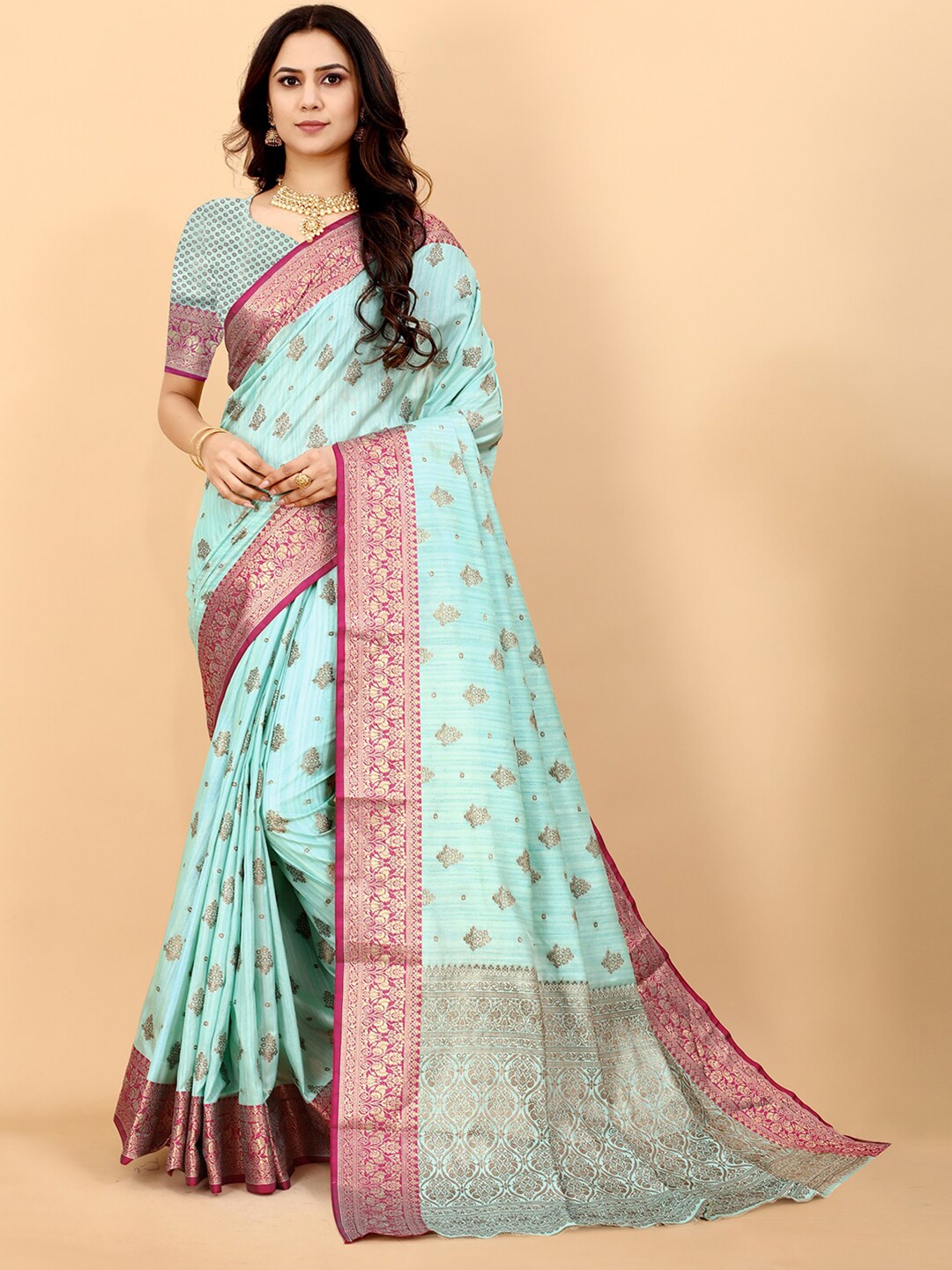 

MARGI DESIGNERS Turquoise Blue & Gold-Toned Ethnic Motifs Zari Art Silk Kanjeevaram Saree