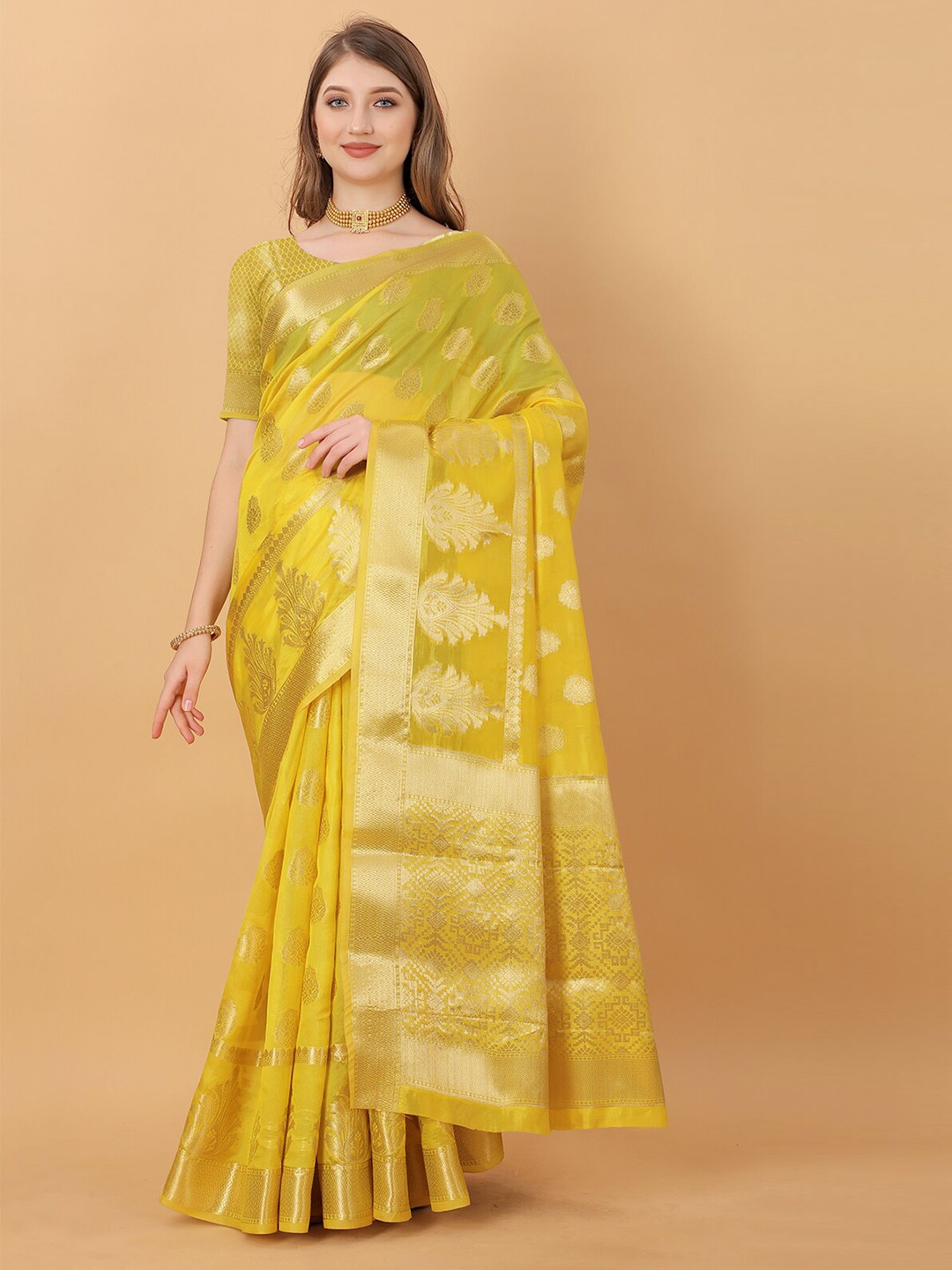 

MARGI DESIGNERS Yellow & Gold-Toned Ethnic Motifs Zari Organza Baluchari Saree