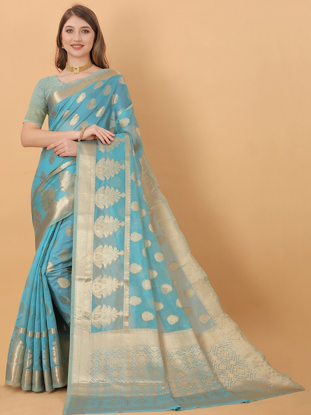 

MARGI DESIGNERS Turquoise Blue & Gold-Toned Ethnic Motifs Zari Organza Baluchari Saree