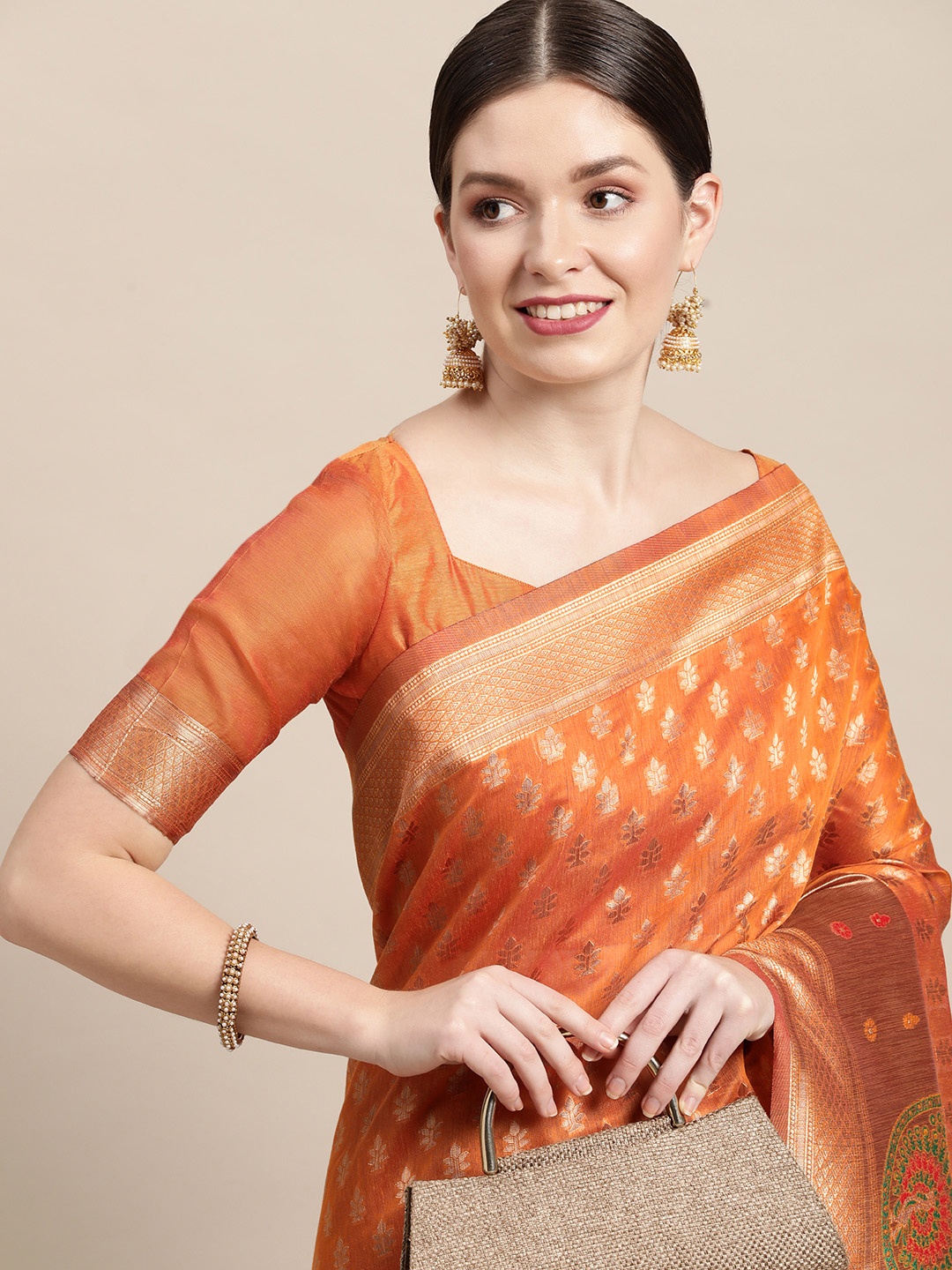 

Saree mall Rust Orange & Gold Floral Zari Silk Cotton Celebrity Banarasi Sarees