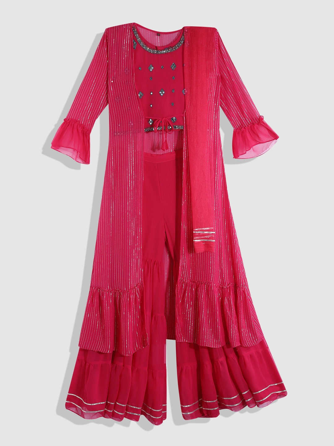 

YK Girls Pink Embellished Mirror Work Ready to Wear Lehenga & Blouse With Dupatta