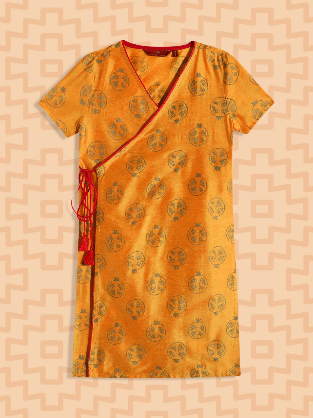 

House of Pataudi Girls Mustard Yellow Ethnic Motifs Printed Jashn Angrakha Kurta