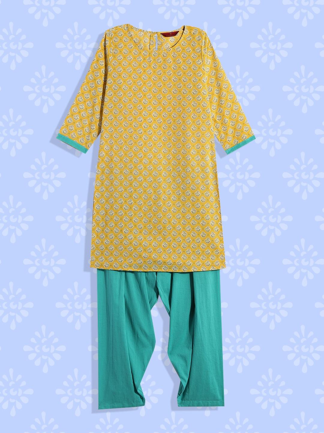 

House of Pataudi Girls Mustard Yellow Floral Printed Pure Cotton Kurta with Salwar