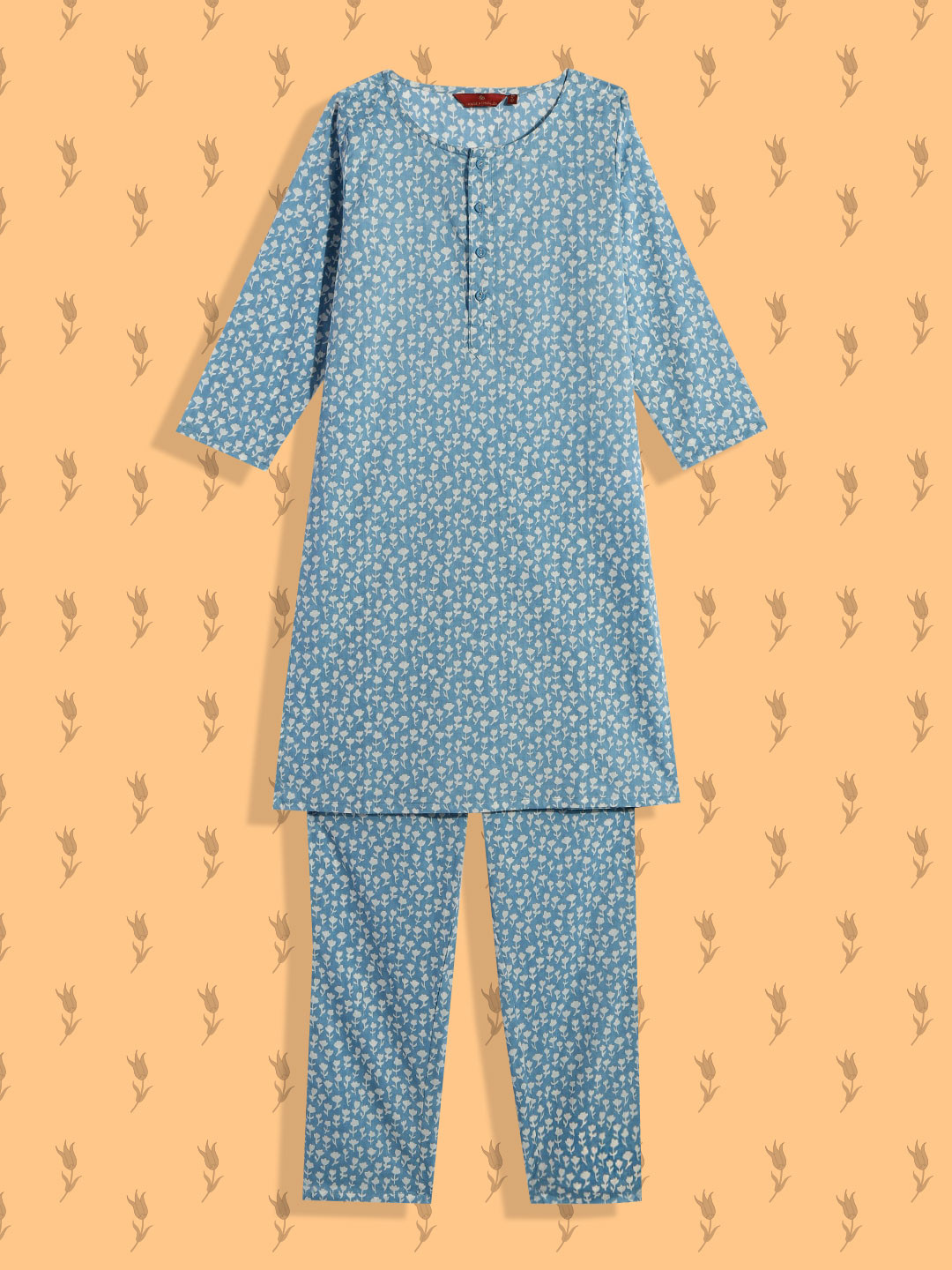 

House of Pataudi Girls Blue Floral Printed Pure Cotton Kurta with Trousers