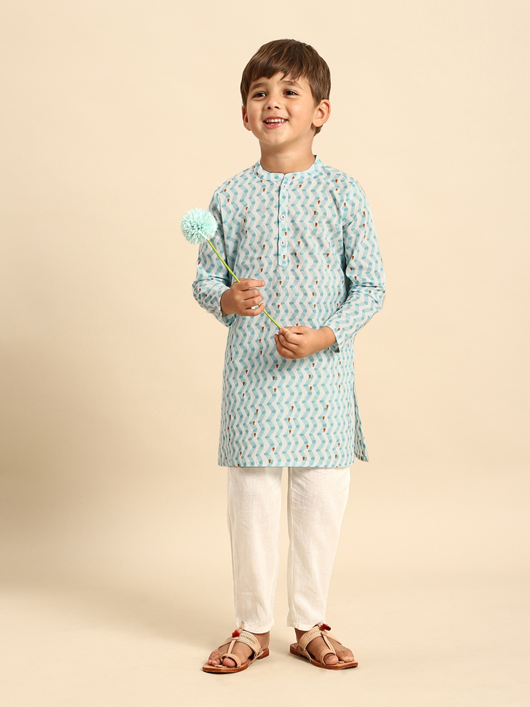 

House of Pataudi Boys Blue Printed Pure Cotton Kurta