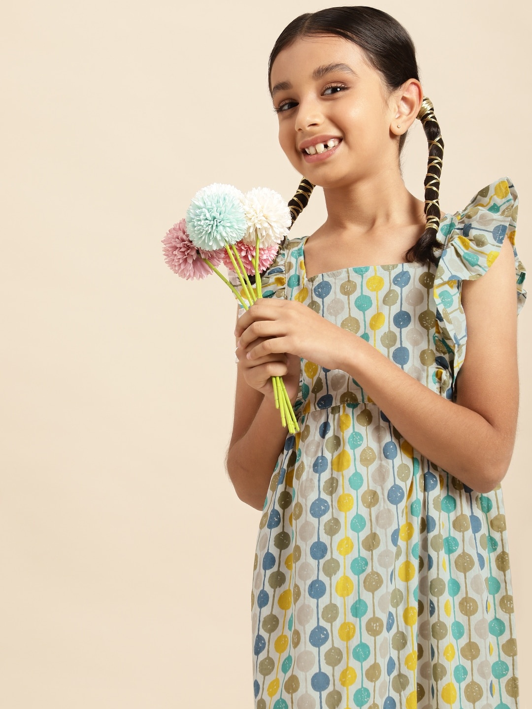 

House of Pataudi Girls White Geometric Printed Pure Cotton A-Line Kurta