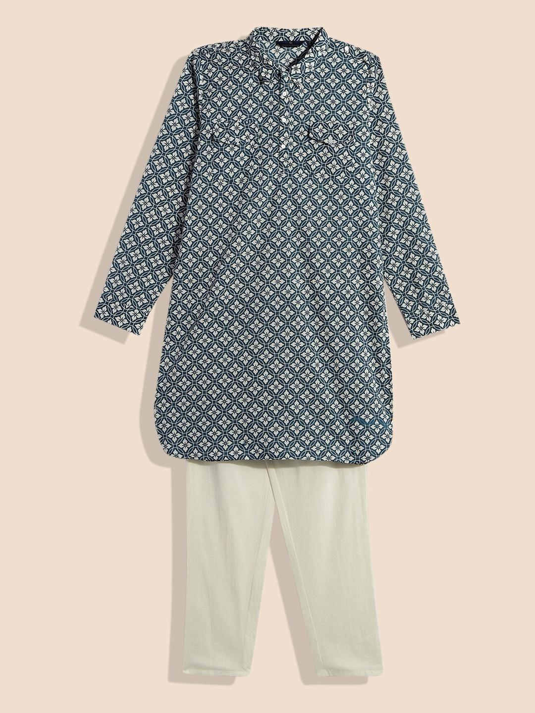 

House of Pataudi Boys Blue Floral Printed Pure Cotton Kurta with Pyjamas