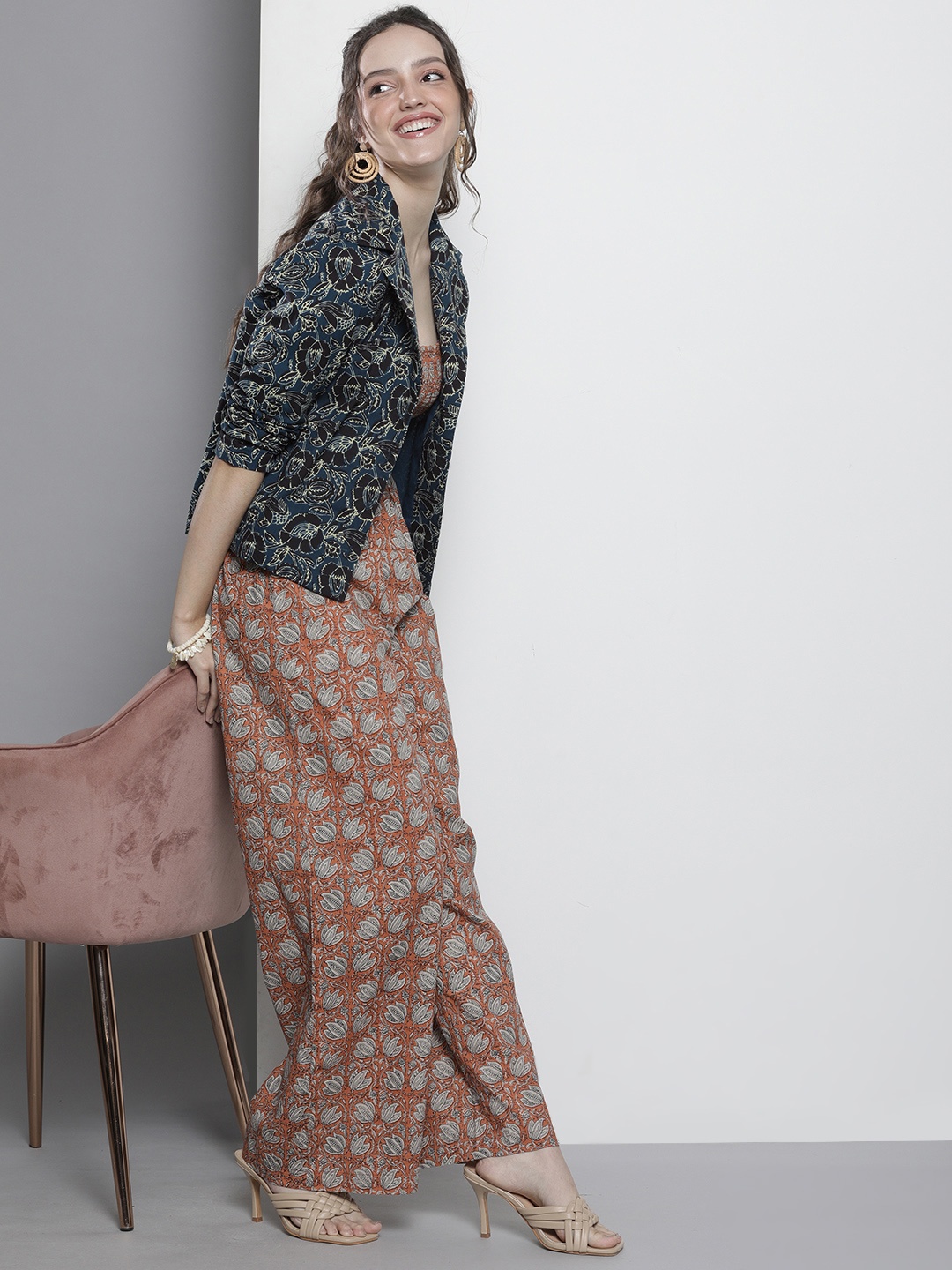 

Ode by House of Pataudi Women Navy Blue Coffee Brown Floral Tailored Jacket