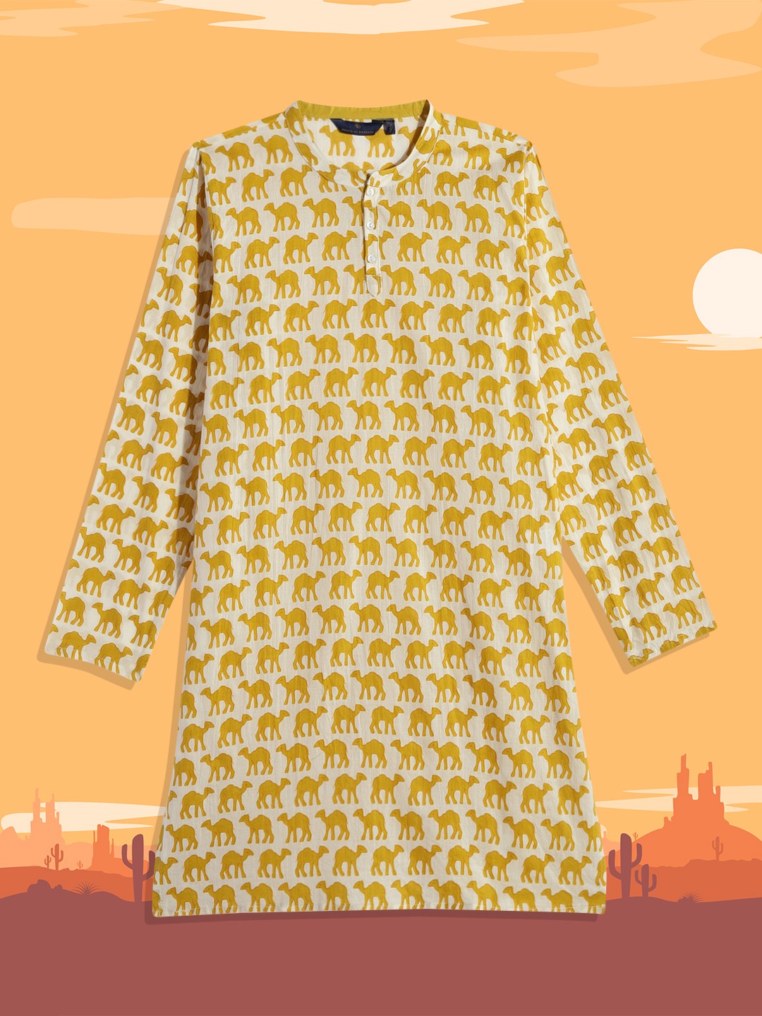 

House of Pataudi Boys Mustard Yellow & White Printed Kurta