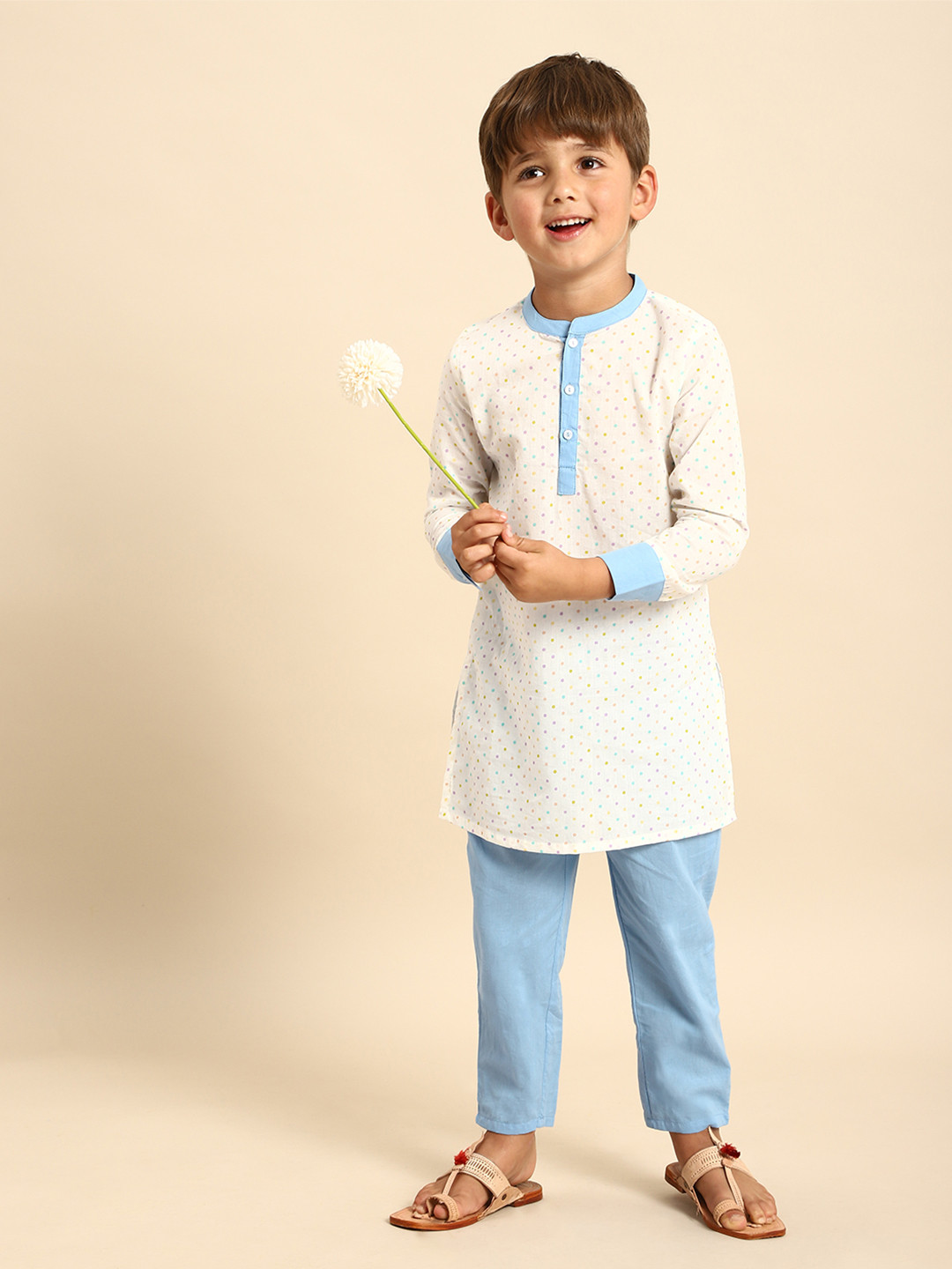 

House of Pataudi Boys White & Blue Polka Dots Printed Pure Cotton Kurta with Pyjamas