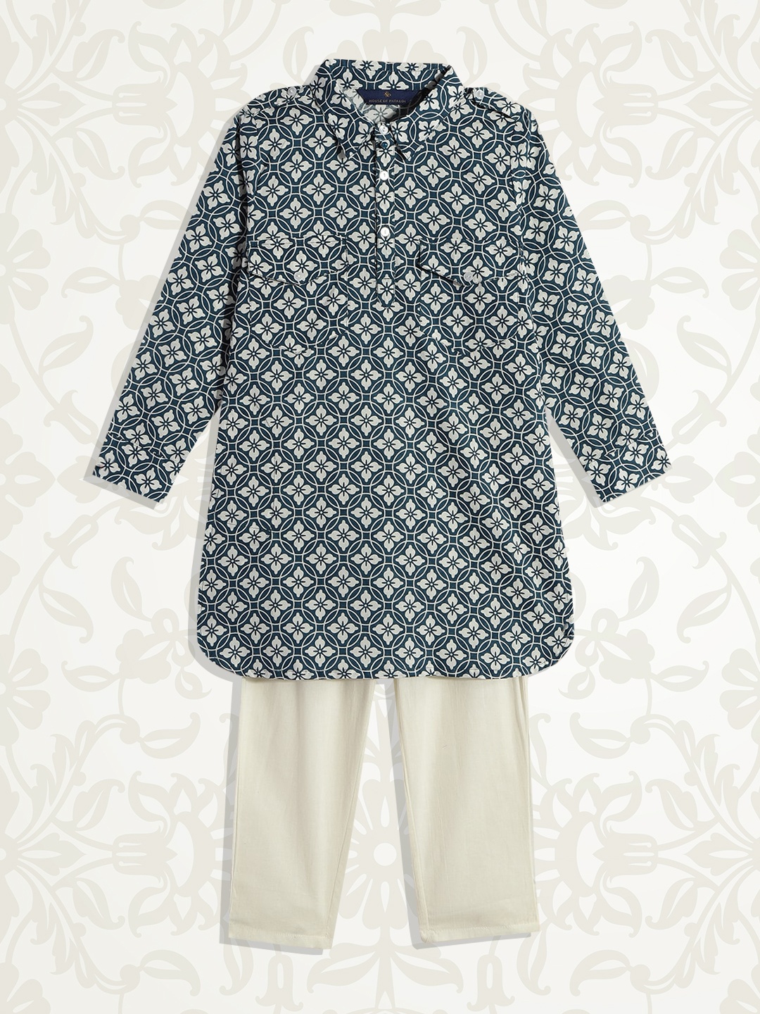

House of Pataudi Boys Blue Floral Printed Pure Cotton Kurta with Pyjamas