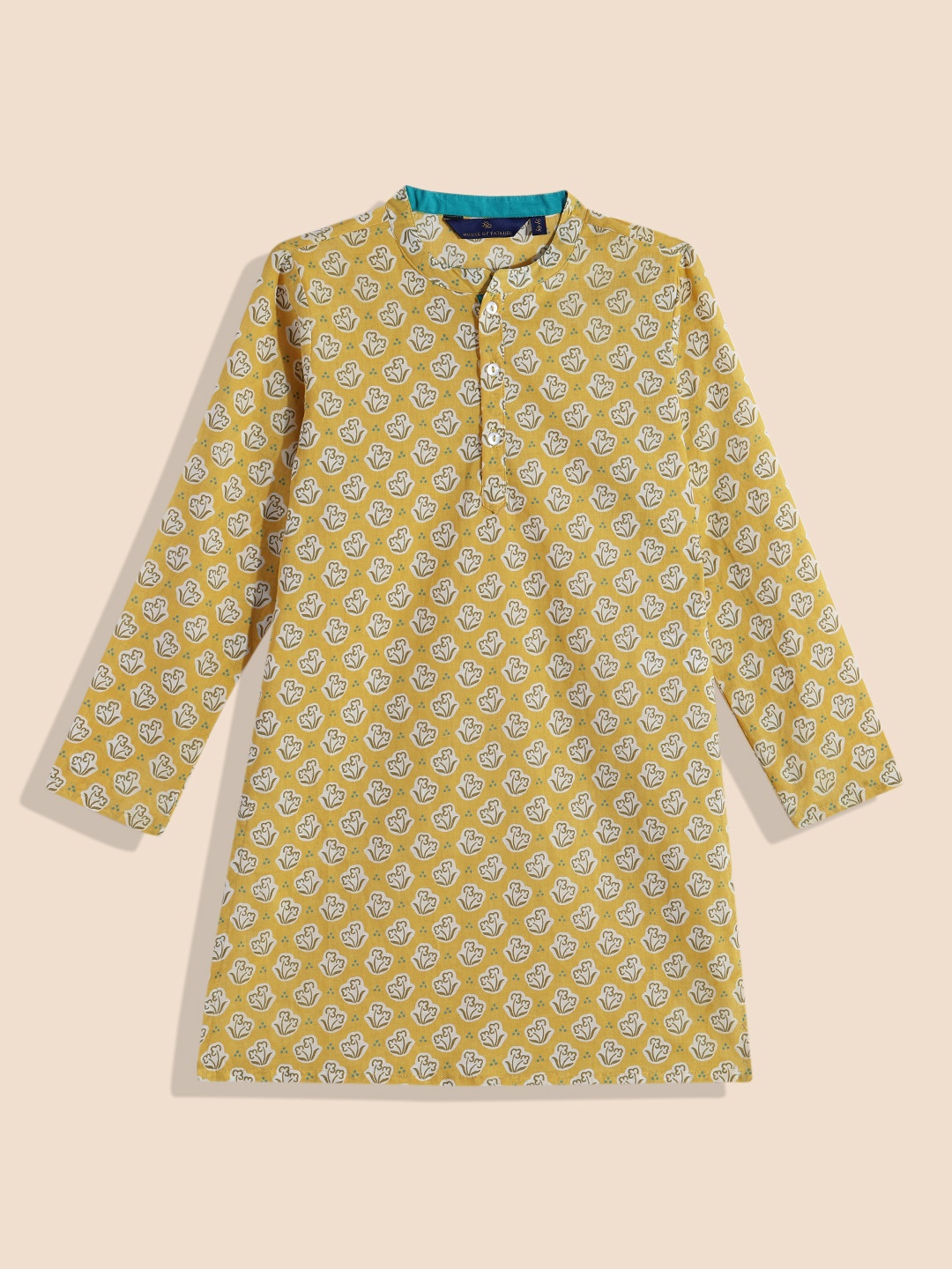 

House of Pataudi Boys Mustard Yellow Floral Printed Pure Cotton Straight Kurta