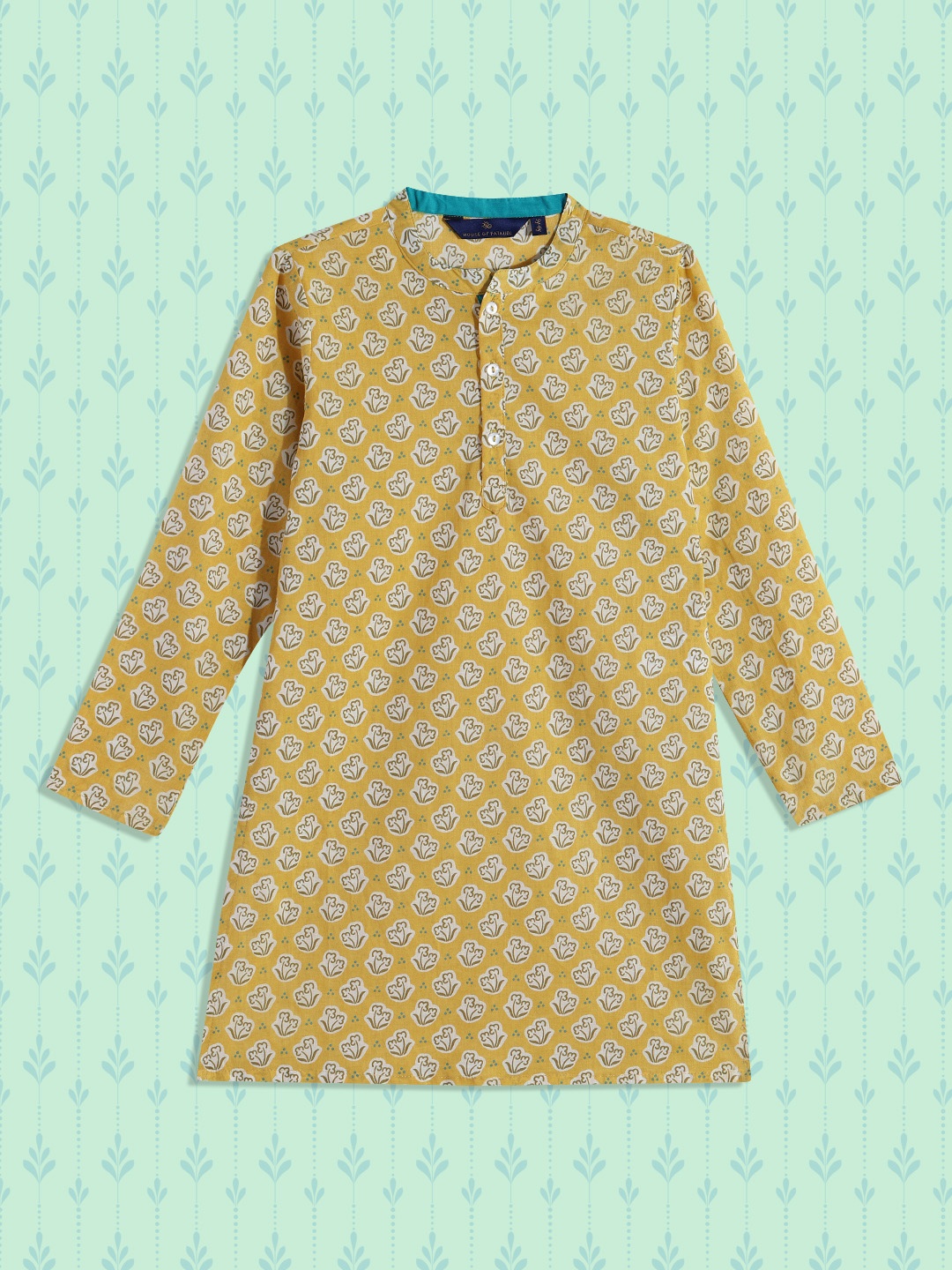 

House of Pataudi Boys Mustard Yellow Floral Printed Floral Kurta