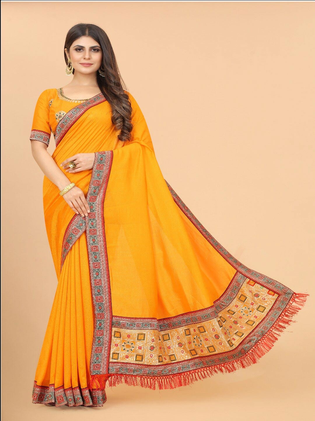 

VSaree Yellow & Red Patchwork Pure Silk Bomkai silk Saree