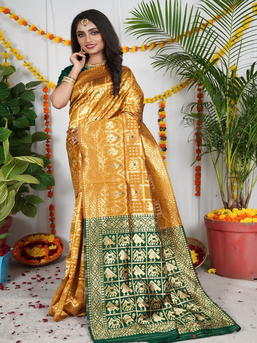 

VSaree Yellow & Green Woven Design Zari Pure Silk Patola Saree