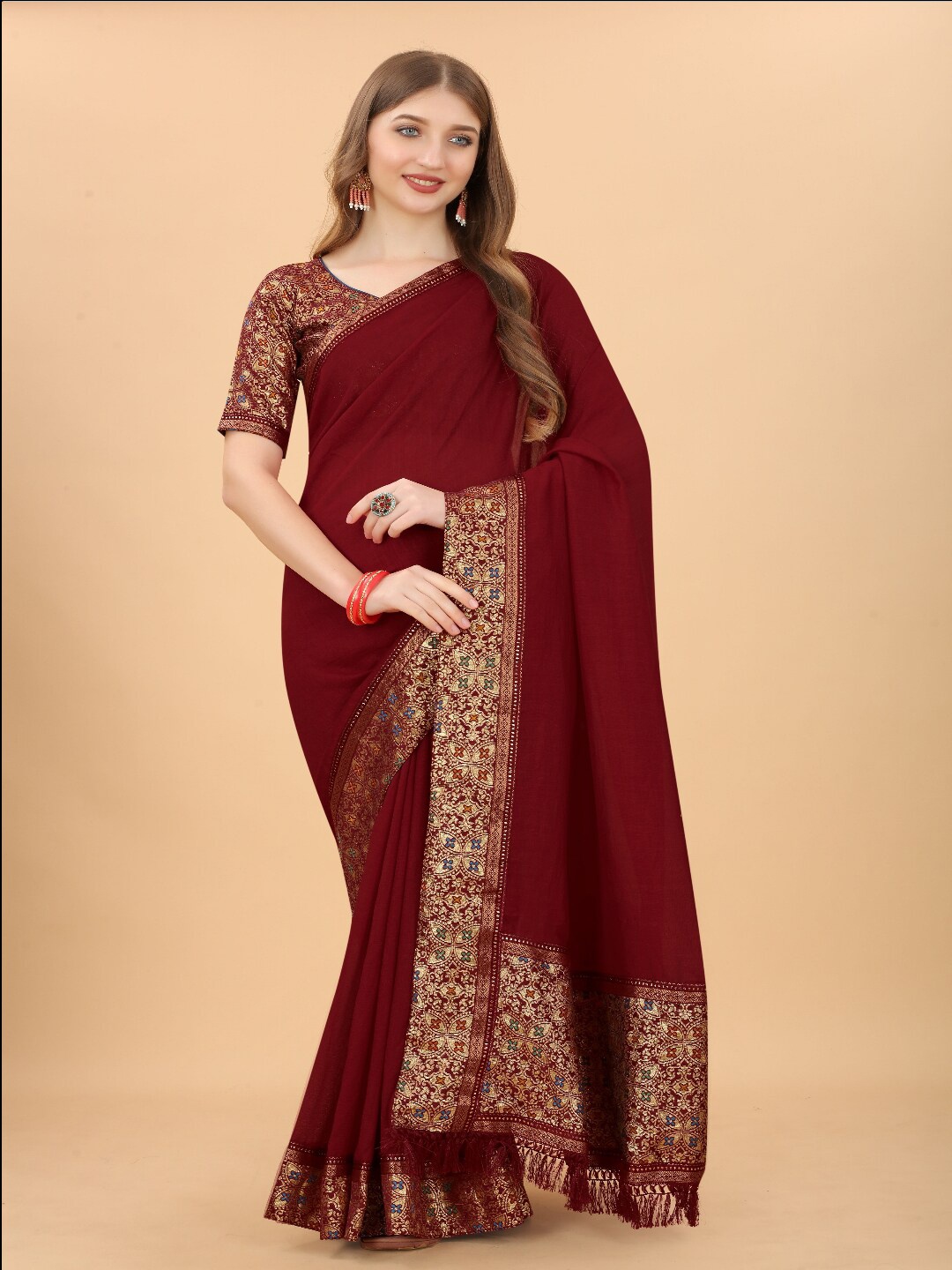 

VSaree Red Woven Design Patchwork Pure Silk Bomkai silk Saree