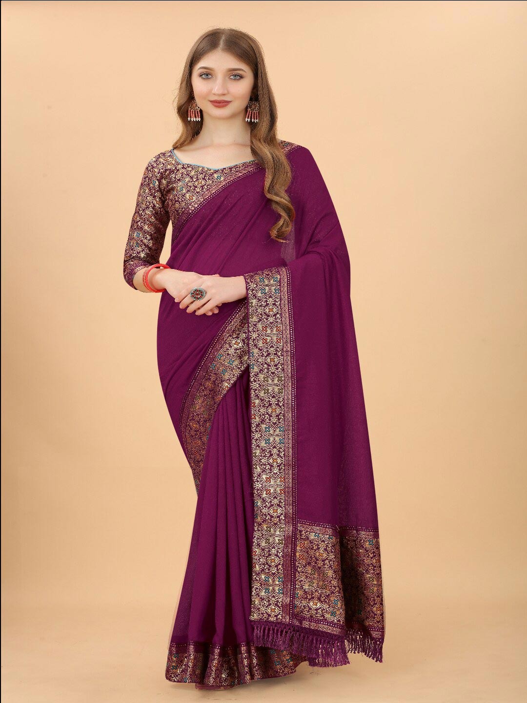 

VSaree Purple & Orange Woven Design Patchwork Pure Silk Bomkai silk Saree