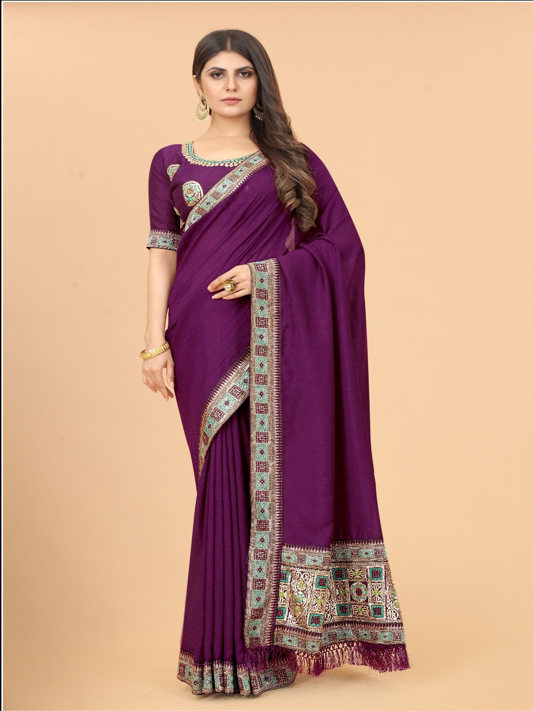 

VSaree Purple & Green Pure Silk Bomkai silk Saree
