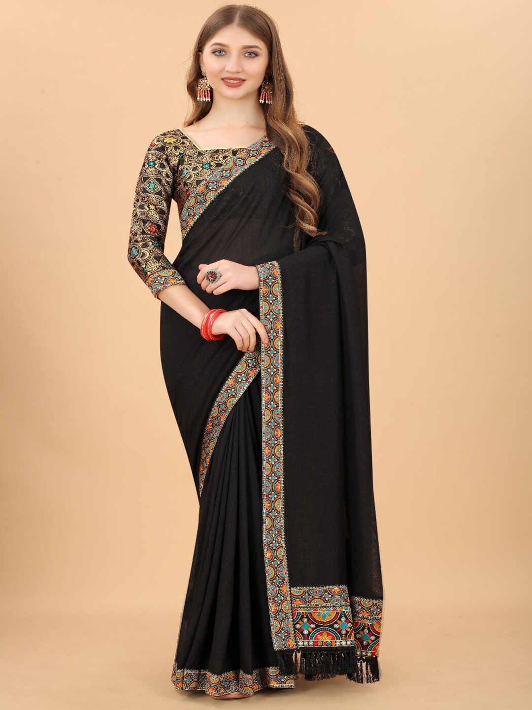 

VSaree Black & Gold-Toned Patchwork Pure Silk Bomkai silk Saree