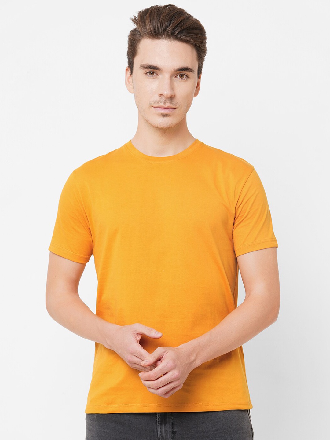 

LBEE Men Mustard Yellow Henley Neck Raw Edge T-shirt