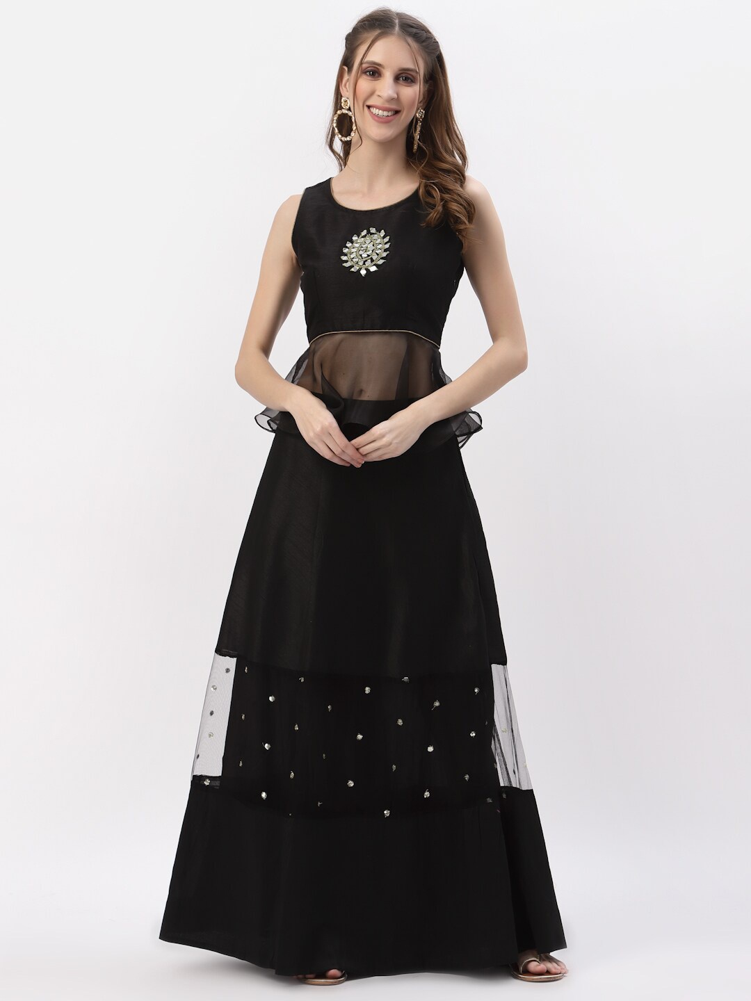 

studio rasa Black Embroidered Mirror Work Ready to Wear Lehenga &