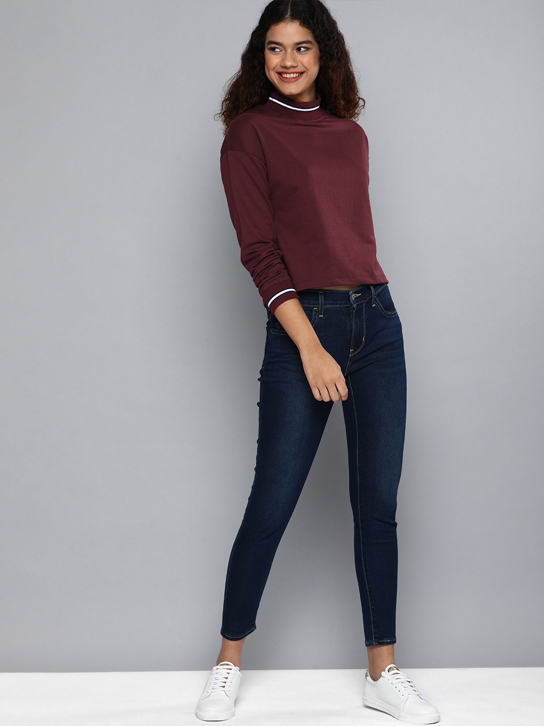 

Mast & Harbour Women Maroon Mock Collar Long Sleeves Sweatshirt