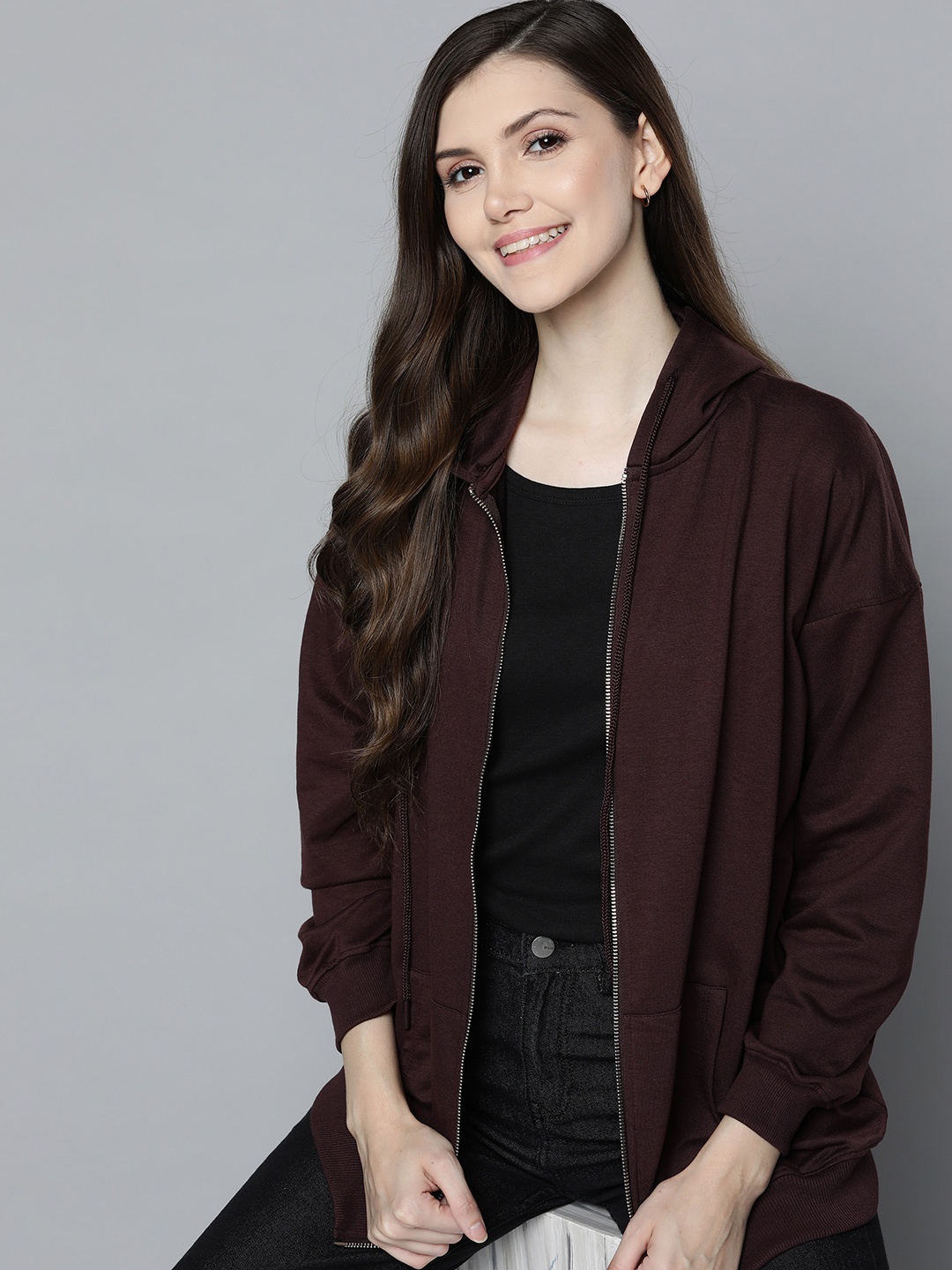 

Mast & Harbour Women Coffee Brown Solid Hooded Sweatshirt