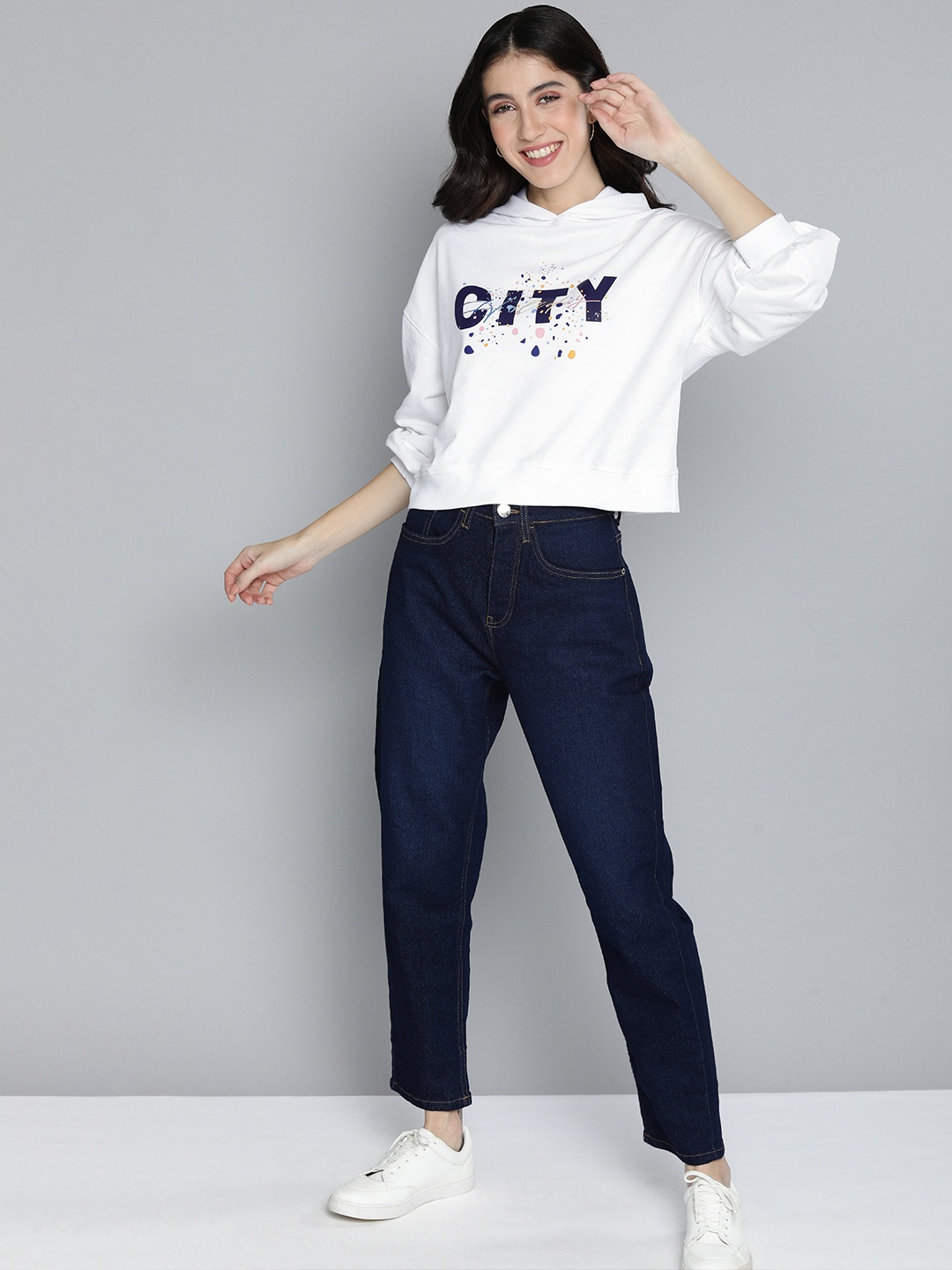 

Mast & Harbour Women Typography Print Hooded Oversized Sweatshirt, White