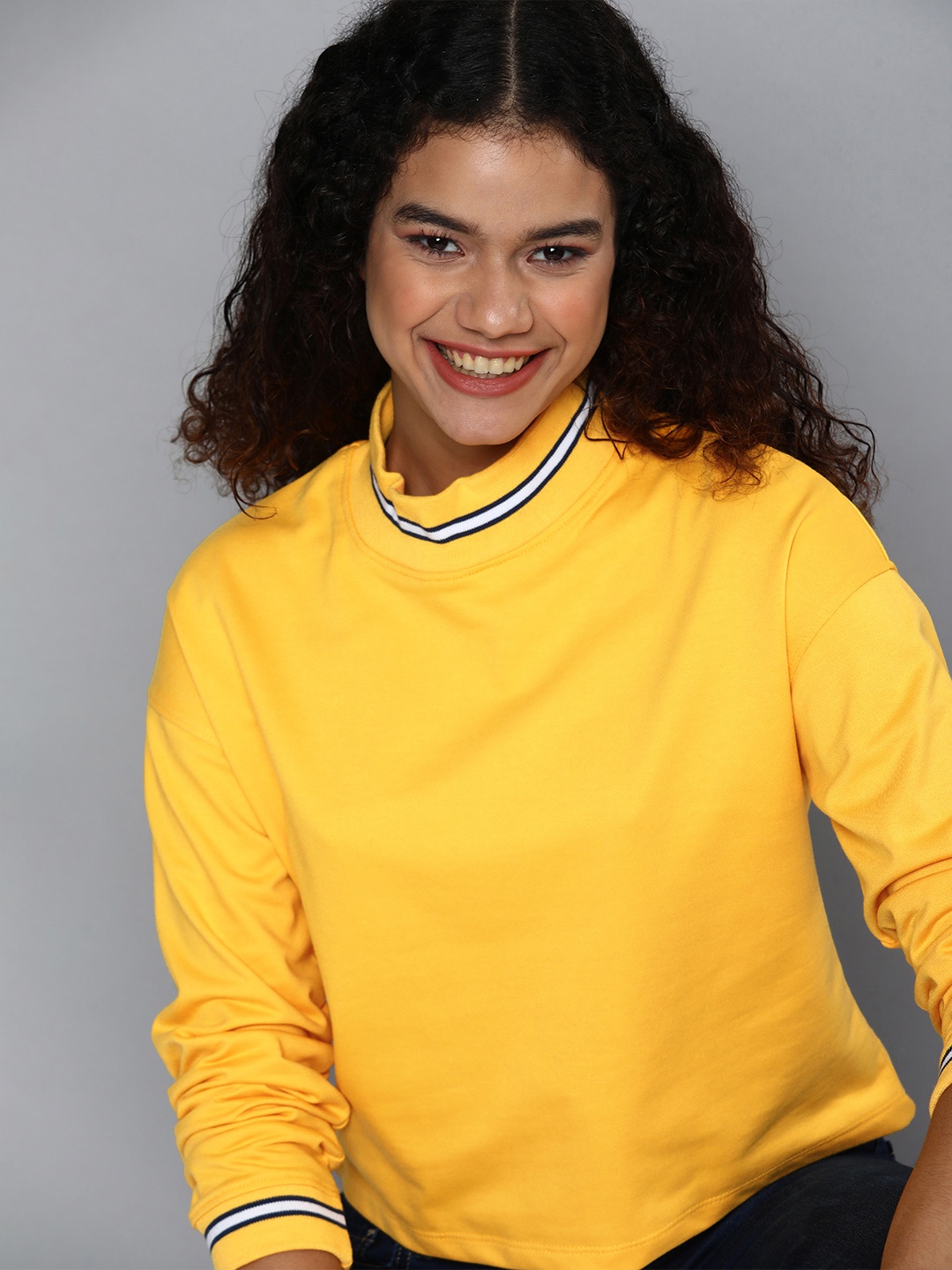 

Mast & Harbour Women Yellow Mock Collar Full Sleeves Sweatshirt