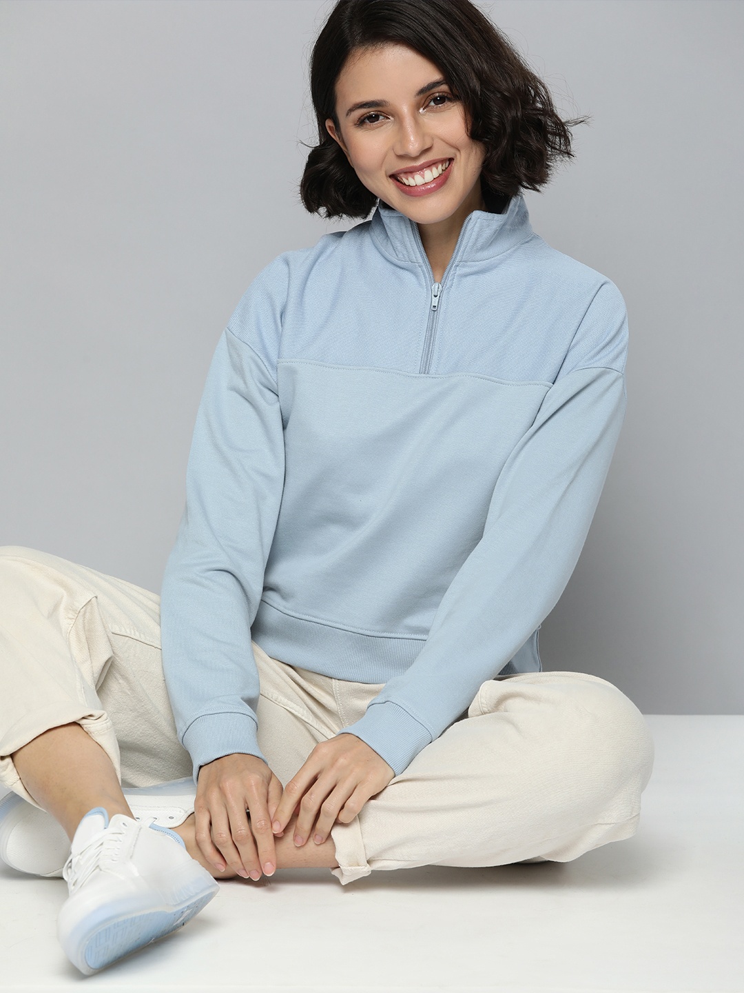 

Mast & Harbour Women Light Blue Solid Mock-Collar Sweatshirt