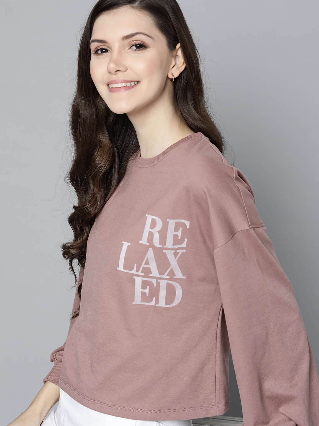

Mast & Harbour Women Dusty Pink Typography Printed Sweatshirt, Rose