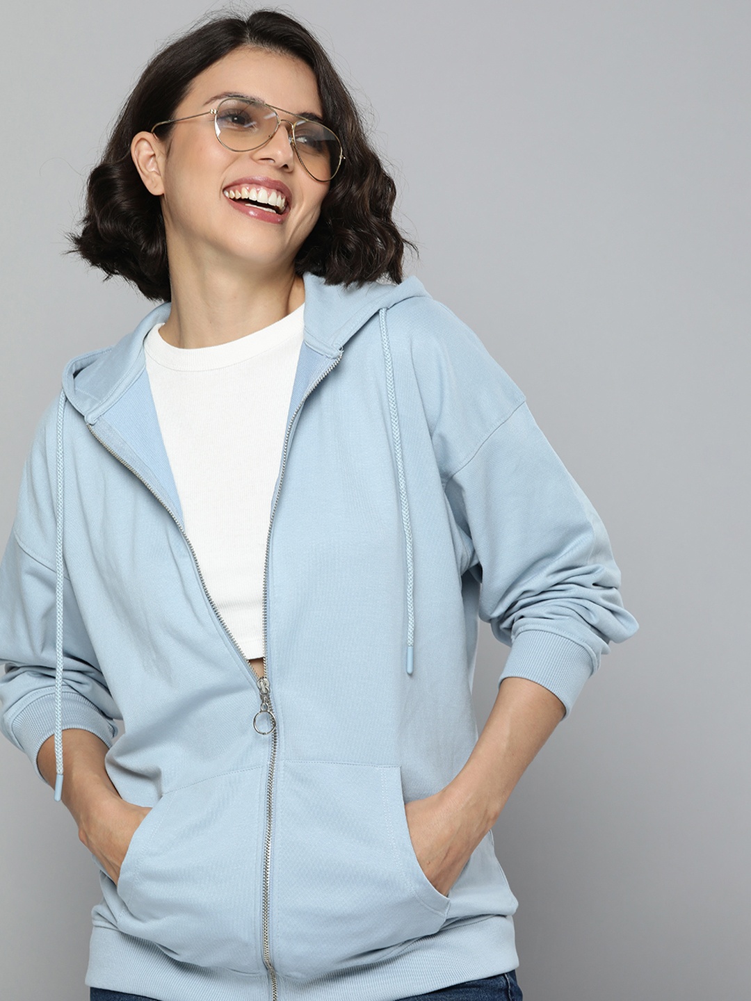 

Mast & Harbour Women Light Blue Solid Front-Open Hooded Sweatshirt