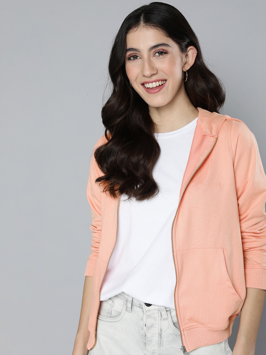 

Mast & Harbour Women Solid Hooded Front-Open Sweatshirt, Peach