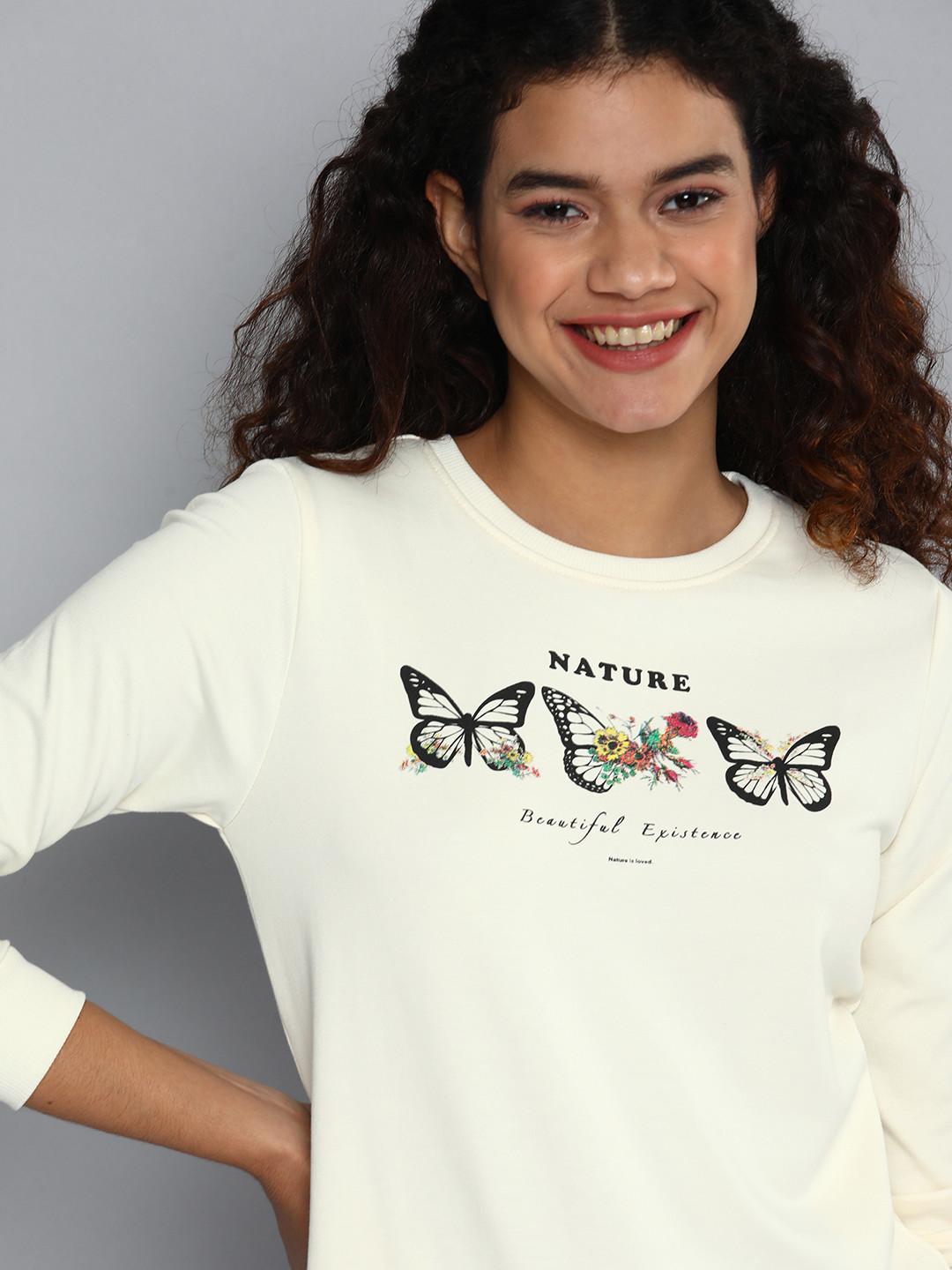 

Mast & Harbour Women Cream-Coloured Round Neck Long Sleeves Printed Sweatshirt