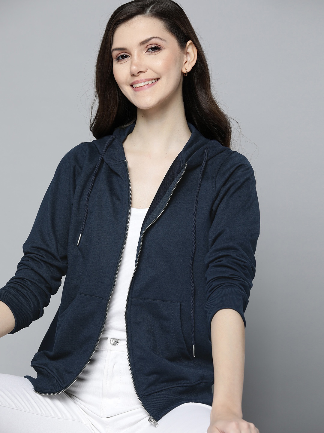 

Mast & Harbour Women Navy Blue Solid Hooded Sweatshirt