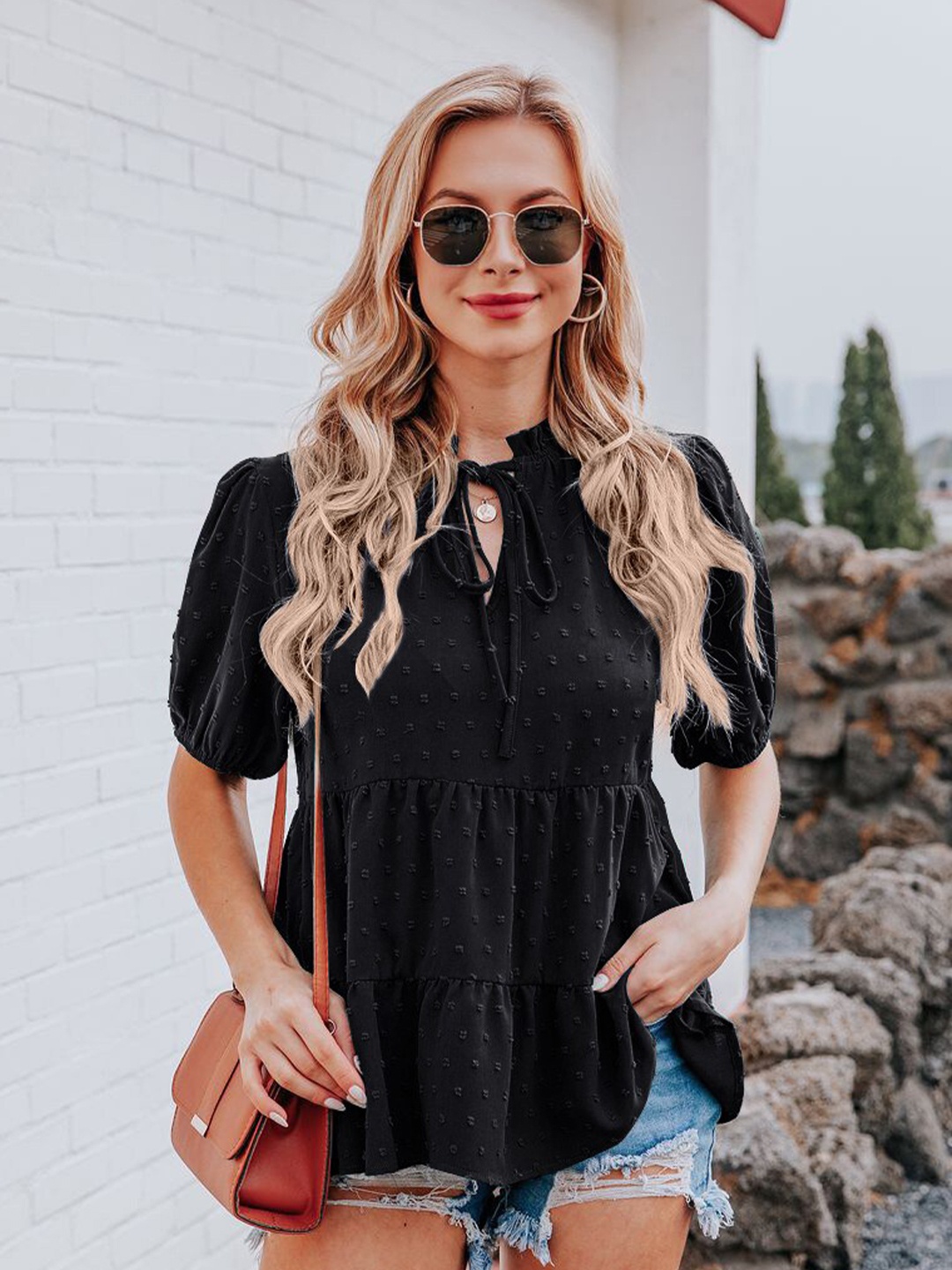 

La Aimee Classy Black Self-Design Top