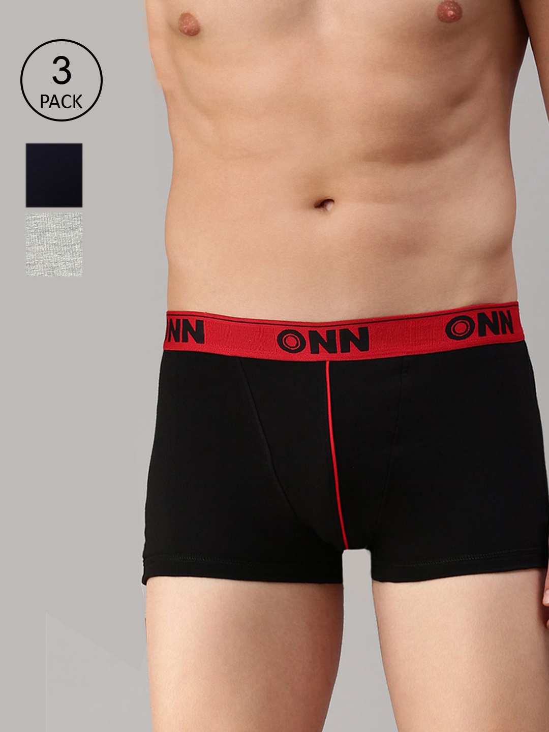 

ONN Men Pack Of 3 Black Navy Blue & Grey Melange Solid Trunks