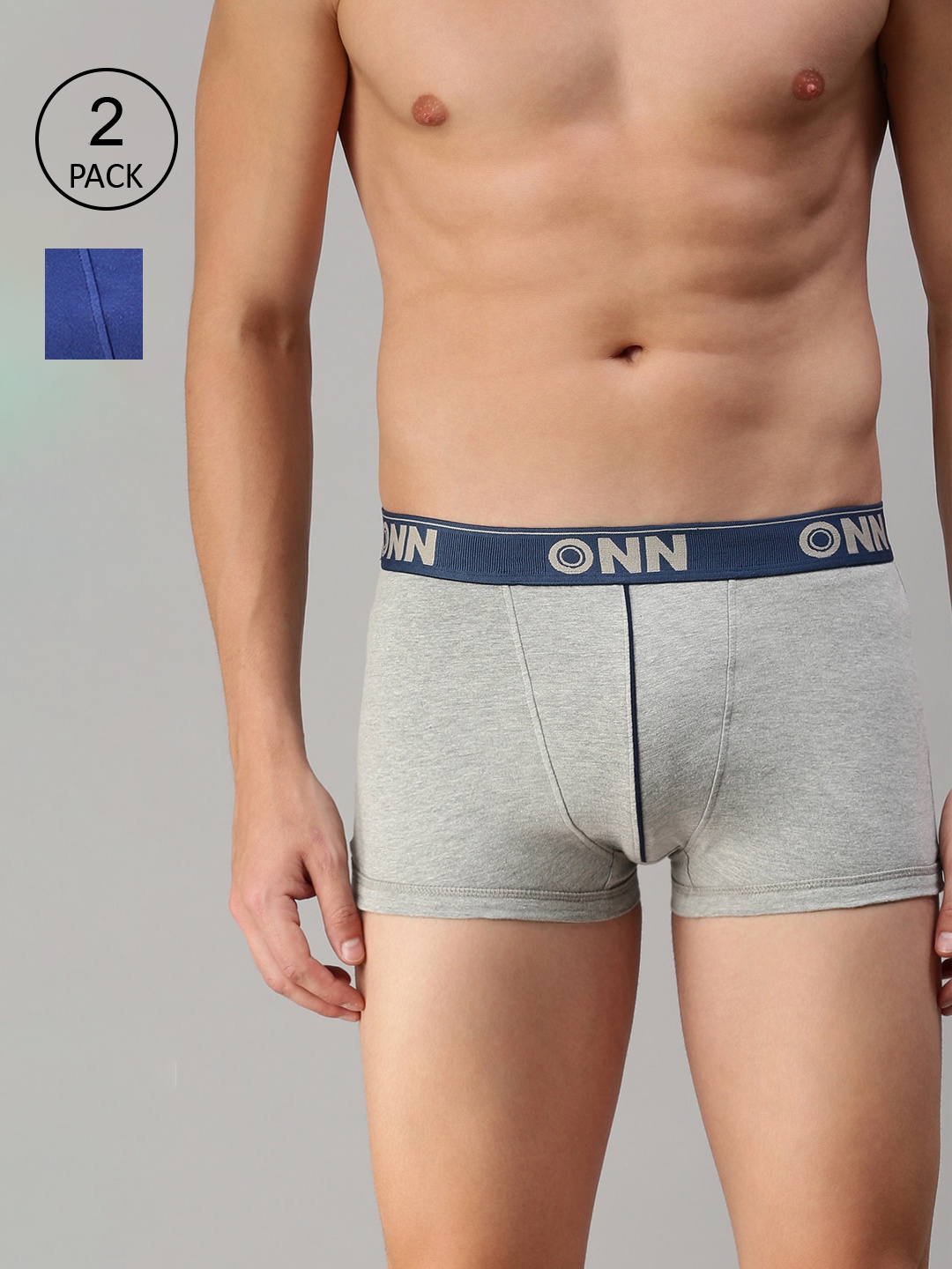 

ONN Men Pack Of 2 Grey Melange & Blue Solid Trunks ONN_253_GM_RBU_2PC