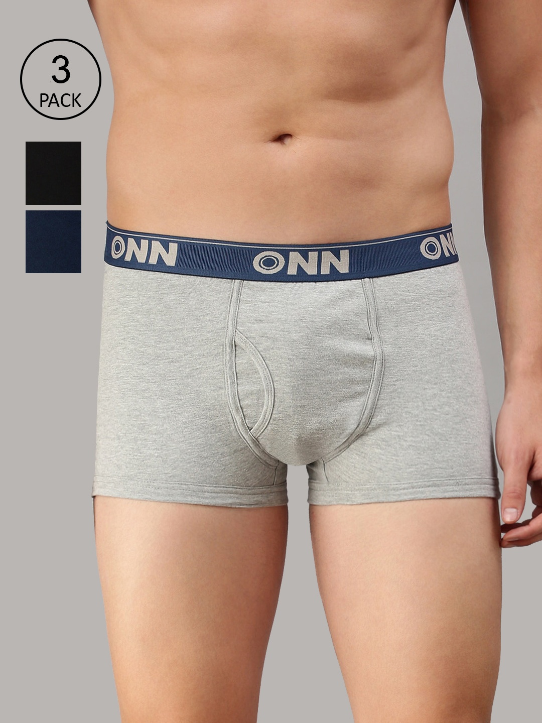 

ONN Men Pack Of 3 Blue Black & Grey Melange Solid Trunks ONN_254_AFBLU_BLK_GM_3PC