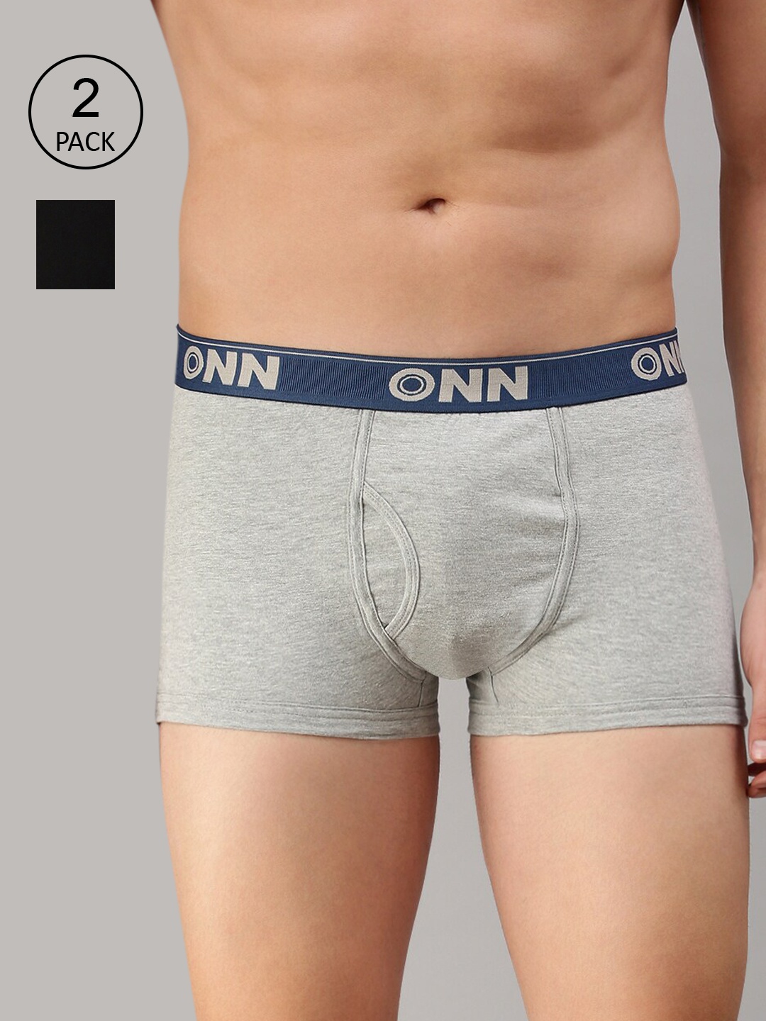 

ONN Men Pack Of 2 Black & Grey Melange Solid Trunks ONN_254_BLK_GM_2PC