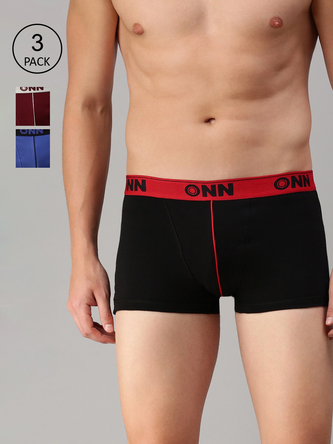 

ONN Men Pack Of 3 Royal Blue Black & Maroon Solid Trunks ONN_253_RBU_BLK_MN_3PC