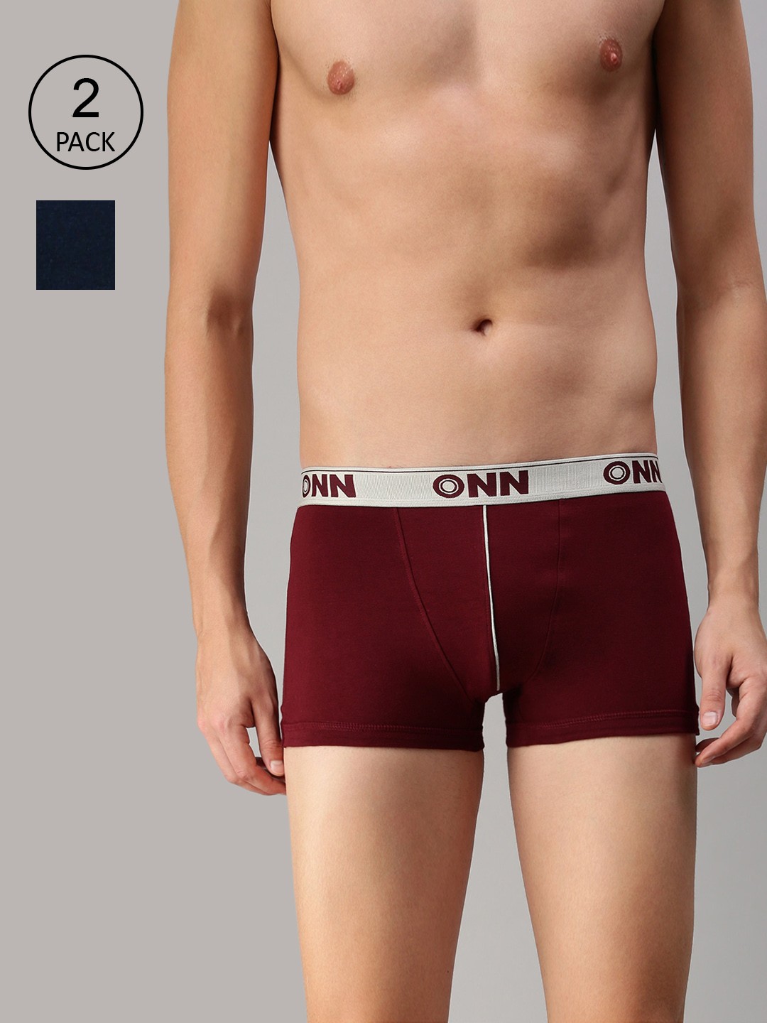 

ONN Men Pack Of 2 Blue & Maroon Solid Trunks