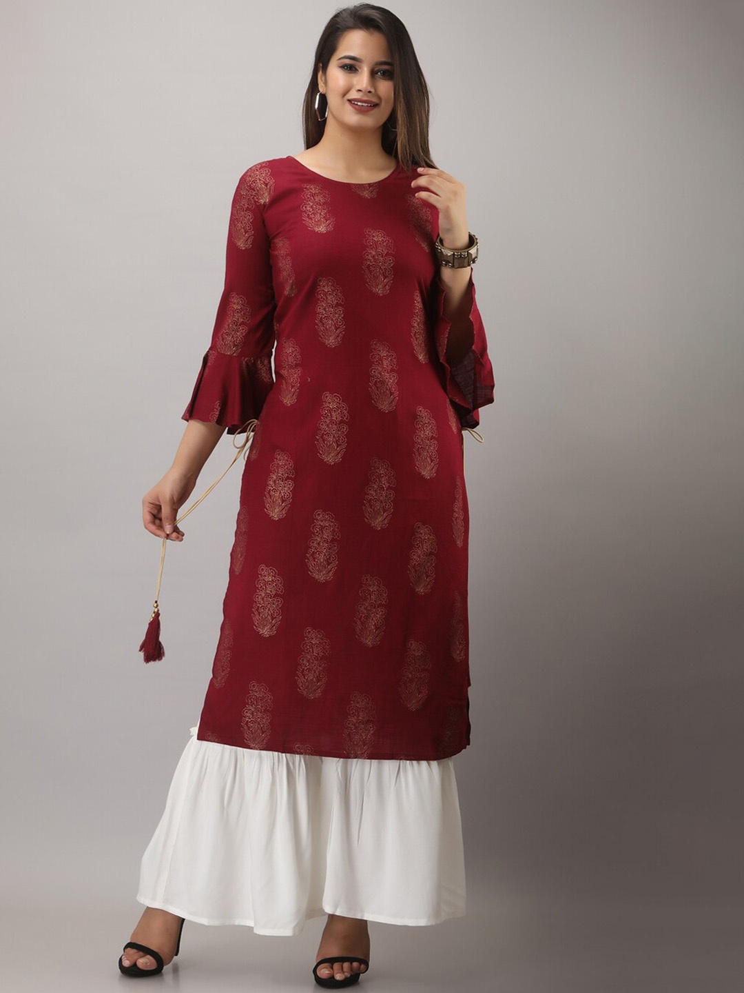 

MAUKA Women Maroon Embroidered Layered Kurti with Sharara