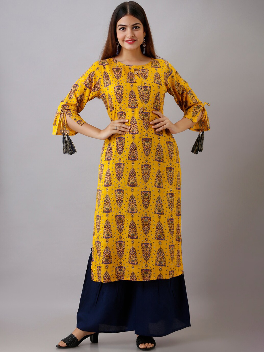 

MAUKA Women Mustard Yellow Angrakha Kurta with Palazzos