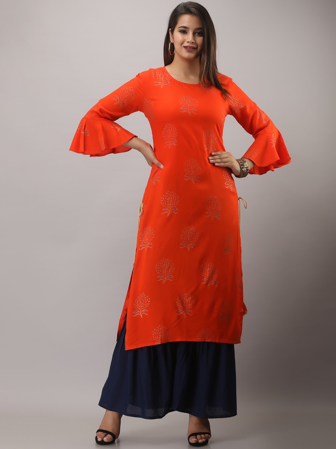 

MAUKA Women Orange Embroidered Kurti with Trousers & With Dupatta