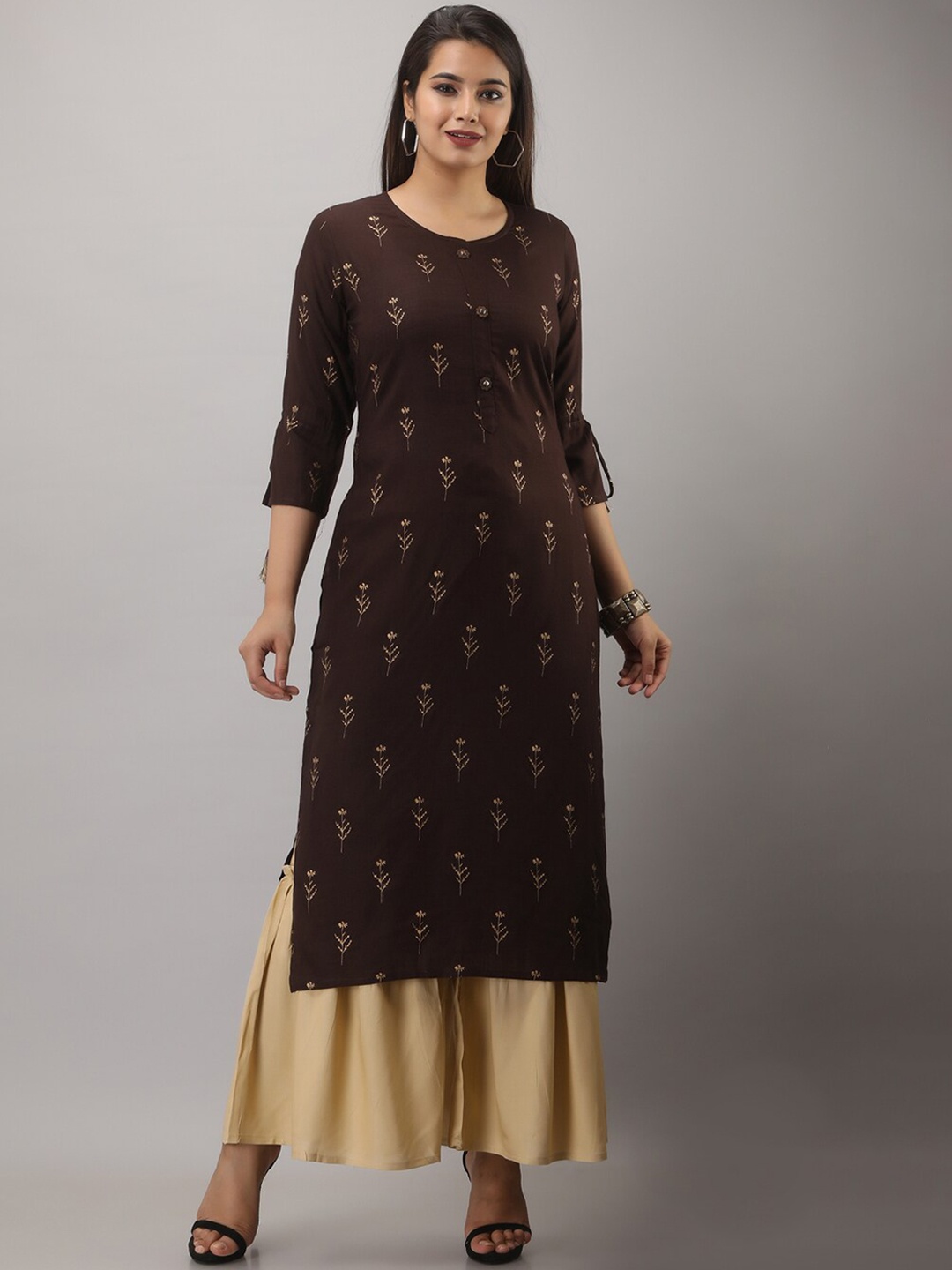 

MAUKA Women Coffee Brown Embroidered High Slit Kurti with Sharara