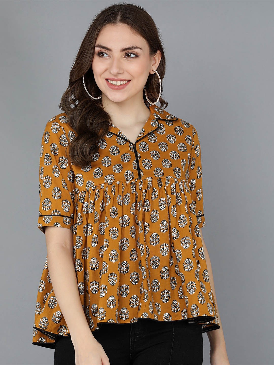 

ZNX Clothing Mustard Yellow Floral Print Empire Top
