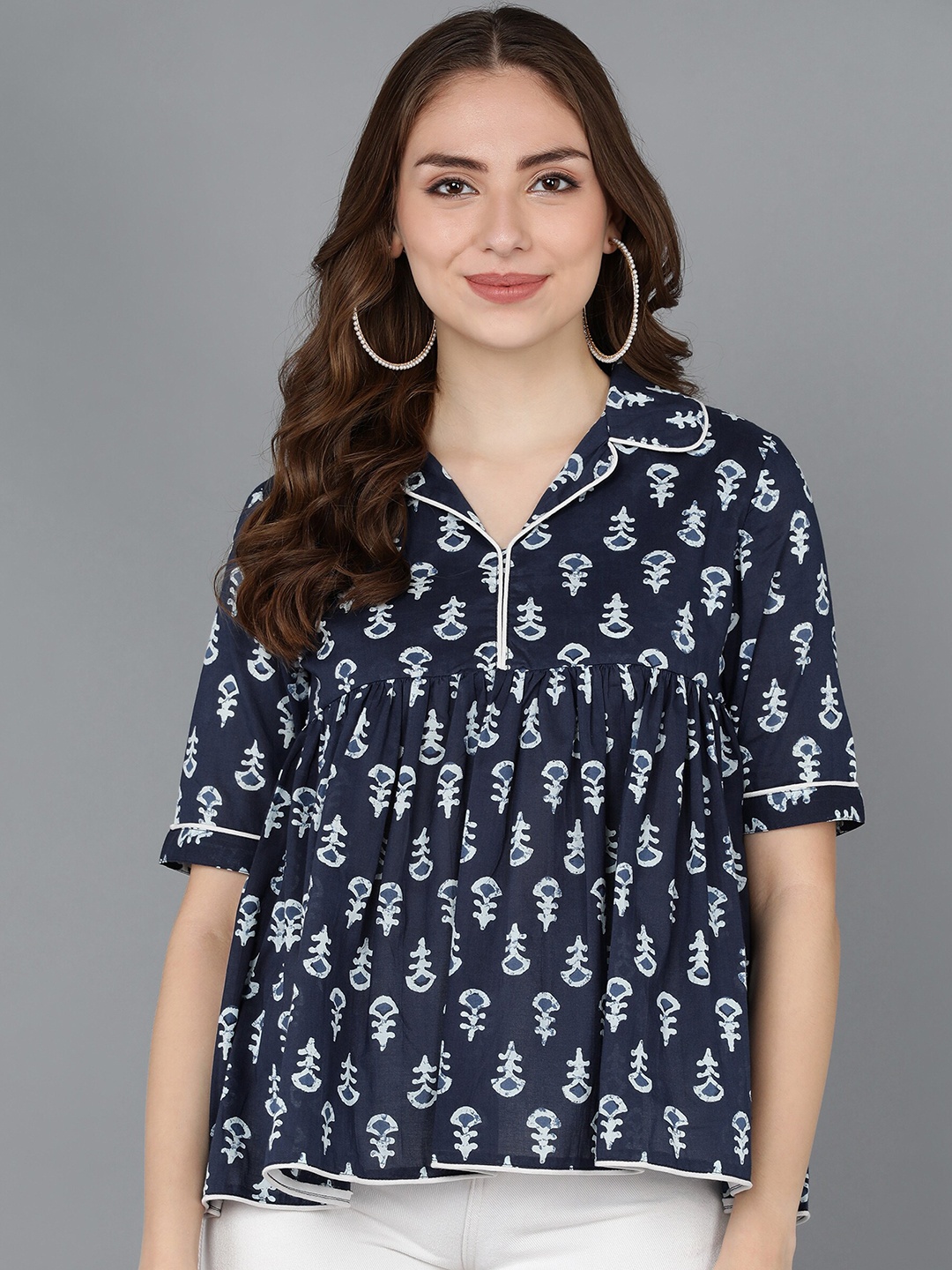 

ZNX Clothing Blue Print Mandarin Collar Empire Top